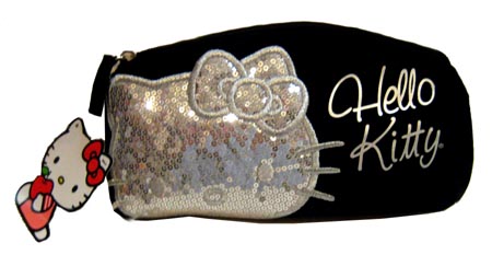 Hello Kitty Sequined Cosmetic, Pencil Pouch, Black - Click Image to Close